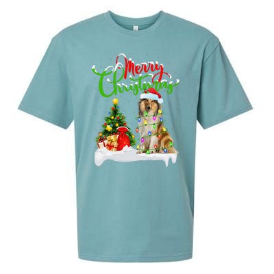 Xmas Tree Lights Santa Hat Rough Collie Dog Christmas Sueded Cloud Jersey T-Shirt