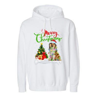 Xmas Tree Lights Santa Hat Rough Collie Dog Christmas Garment-Dyed Fleece Hoodie