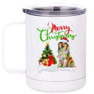 Xmas Tree Lights Santa Hat Rough Collie Dog Christmas 12 oz Stainless Steel Tumbler Cup