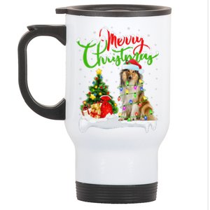 Xmas Tree Lights Santa Hat Rough Collie Dog Christmas Stainless Steel Travel Mug