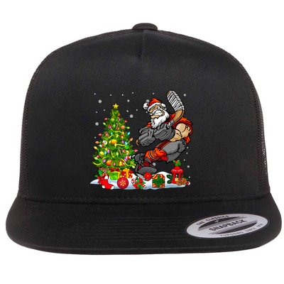 Xmas Tree Light Presents Santa Playing Hockey Player Lover Gift Flatbill Hat