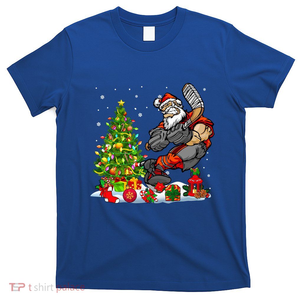 Xmas Tree Light Presents Santa Playing Hockey Player Lover Gift T-Shirt