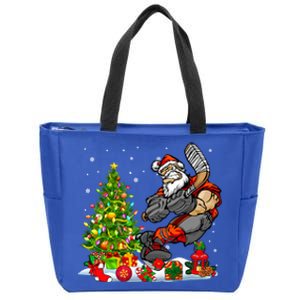 Xmas Tree Light Presents Santa Playing Hockey Player Lover Gift Zip Tote Bag