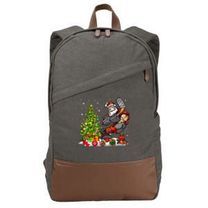 Xmas Tree Light Presents Santa Playing Hockey Player Lover Gift Cotton Canvas Backpack