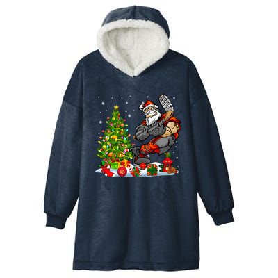 Xmas Tree Light Presents Santa Playing Hockey Player Lover Gift Hooded Wearable Blanket