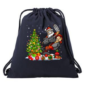 Xmas Tree Light Presents Santa Playing Hockey Player Lover Gift Drawstring Bag