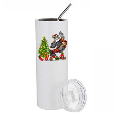 Xmas Tree Light Presents Santa Playing Hockey Player Lover Gift Stainless Steel Tumbler