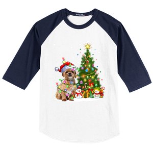 Xmas Tree Lighting Santa Shih Tzu Dog Christmas Gift Baseball Sleeve Shirt