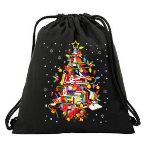 Xmas Tree Library Xmas Lights Tree Book Lover Librarian Drawstring Bag