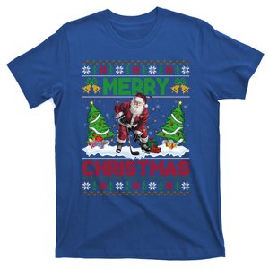 Xmas Tree Lights Ugly Santa Playing Hockey Christmas Funny Gift T-Shirt