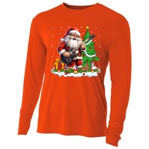 Xmas Tree Lights Guitarist Santa Playing Guitar Christmas Funny Gift Cooling Performance Long Sleeve Crew