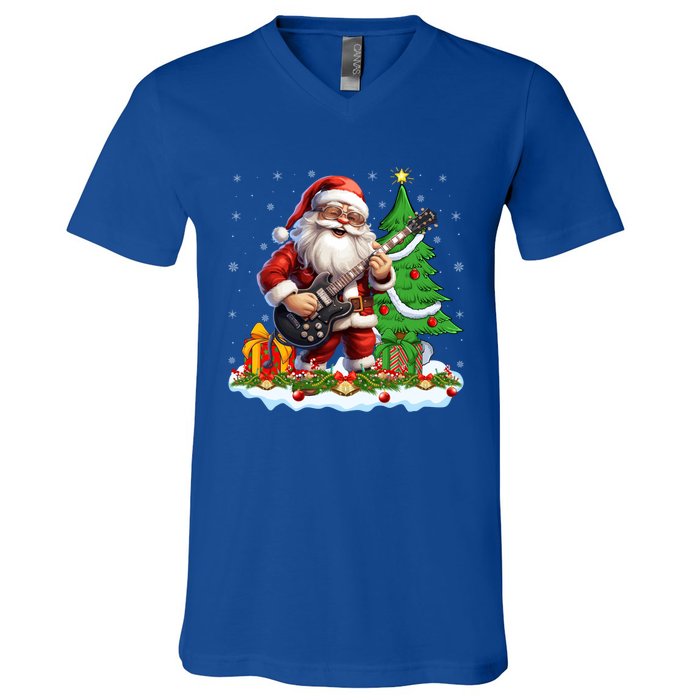 Xmas Tree Lights Guitarist Santa Playing Guitar Christmas Funny Gift V-Neck T-Shirt