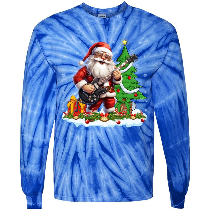 Xmas Tree Lights Guitarist Santa Playing Guitar Christmas Funny Gift Tie-Dye Long Sleeve Shirt