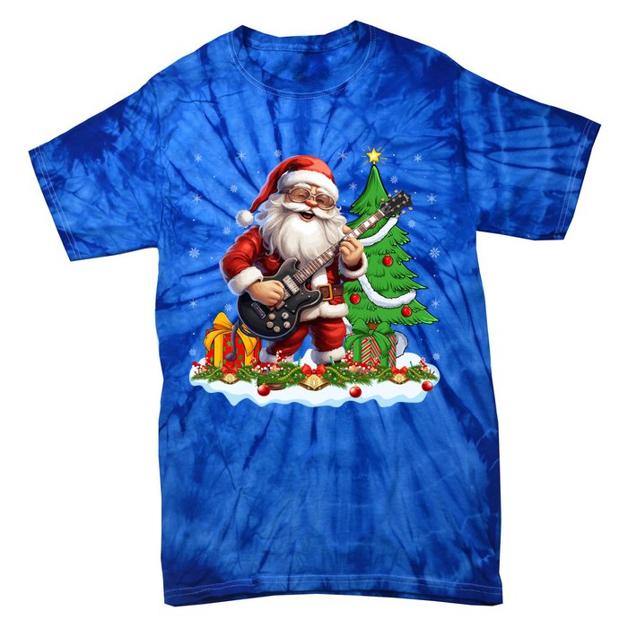 Xmas Tree Lights Guitarist Santa Playing Guitar Christmas Funny Gift Tie-Dye T-Shirt