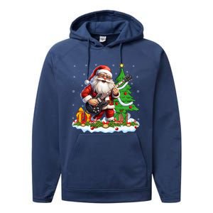 Xmas Tree Lights Guitarist Santa Playing Guitar Christmas Funny Gift Performance Fleece Hoodie