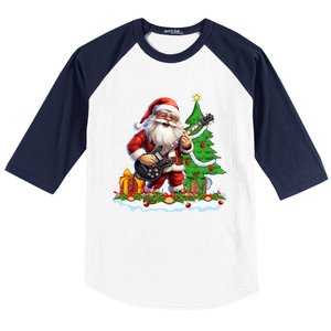 Xmas Tree Lights Guitarist Santa Playing Guitar Christmas Funny Gift Baseball Sleeve Shirt