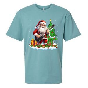 Xmas Tree Lights Guitarist Santa Playing Guitar Christmas Funny Gift Sueded Cloud Jersey T-Shirt