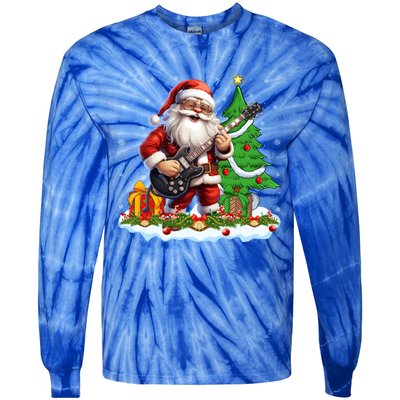 Xmas Tree Lights Guitarist Santa Playing Guitar Christmas Gift Tie-Dye Long Sleeve Shirt