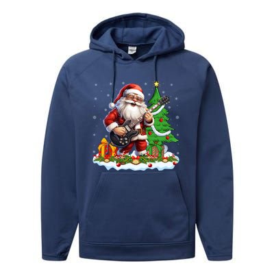 Xmas Tree Lights Guitarist Santa Playing Guitar Christmas Gift Performance Fleece Hoodie