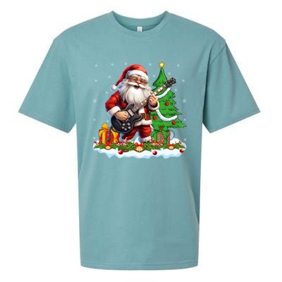 Xmas Tree Lights Guitarist Santa Playing Guitar Christmas Gift Sueded Cloud Jersey T-Shirt