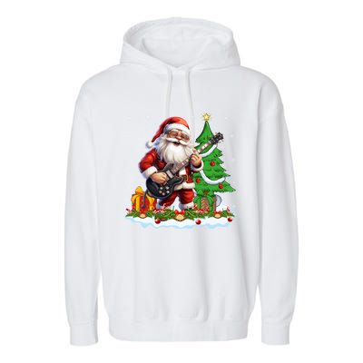 Xmas Tree Lights Guitarist Santa Playing Guitar Christmas Gift Garment-Dyed Fleece Hoodie