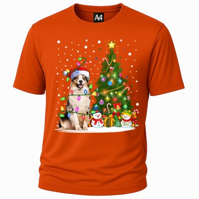 Xmas Tree Lighting Santa Australian Shepherd Dog Christmas Cool Gift Cooling Performance Crew T-Shirt