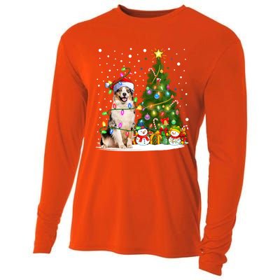 Xmas Tree Lighting Santa Australian Shepherd Dog Christmas Cool Gift Cooling Performance Long Sleeve Crew