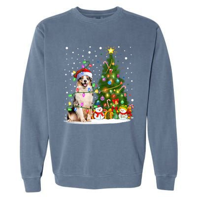 Xmas Tree Lighting Santa Australian Shepherd Dog Christmas Cool Gift Garment-Dyed Sweatshirt