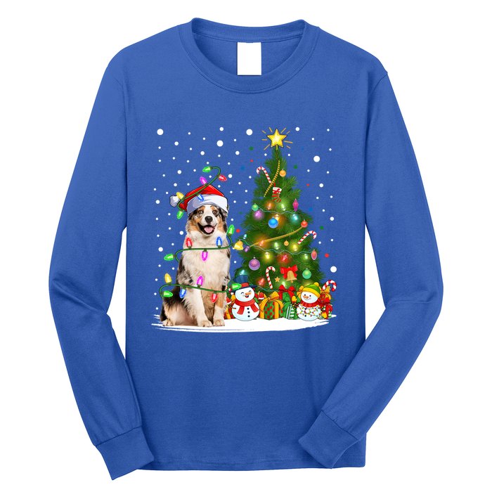 Xmas Tree Lighting Santa Australian Shepherd Dog Christmas Cool Gift Long Sleeve Shirt