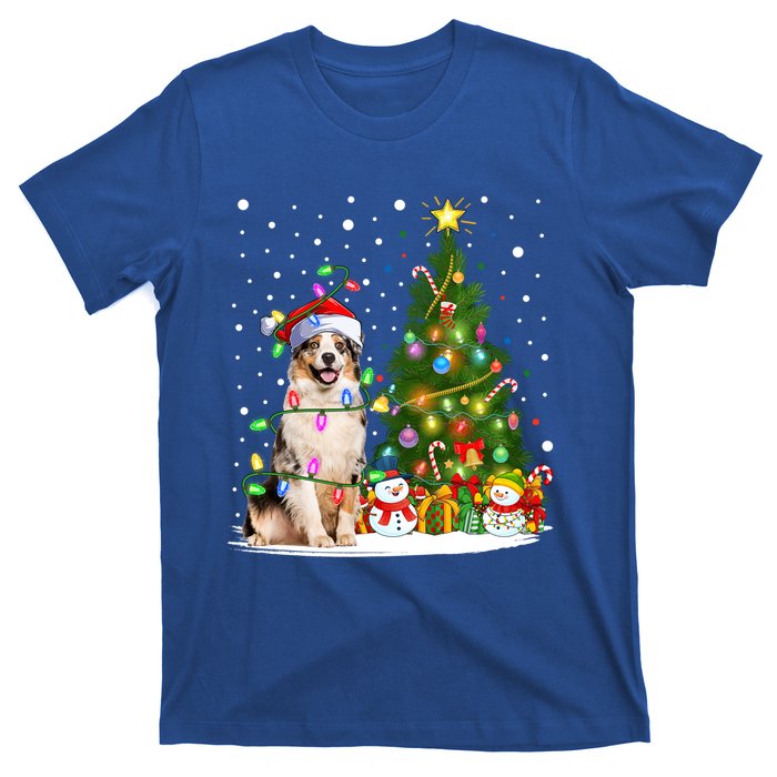 Xmas Tree Lighting Santa Australian Shepherd Dog Christmas Cool Gift T-Shirt