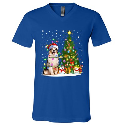 Xmas Tree Lighting Santa Australian Shepherd Dog Christmas Cool Gift V-Neck T-Shirt