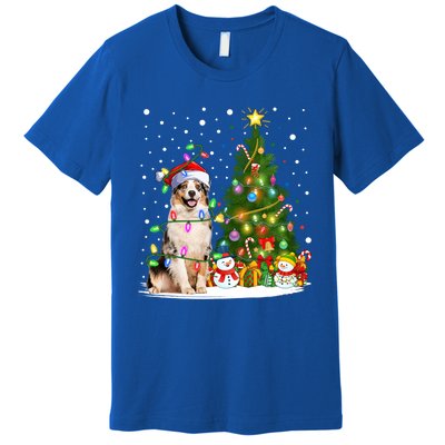 Xmas Tree Lighting Santa Australian Shepherd Dog Christmas Cool Gift Premium T-Shirt