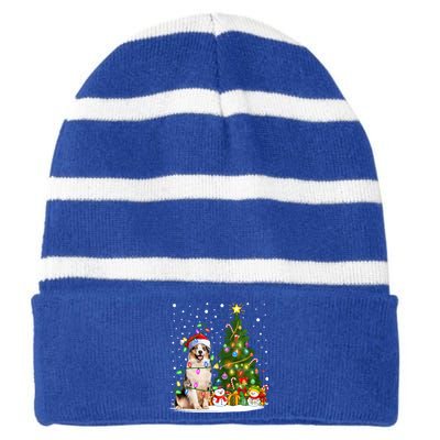 Xmas Tree Lighting Santa Australian Shepherd Dog Christmas Cool Gift Striped Beanie with Solid Band