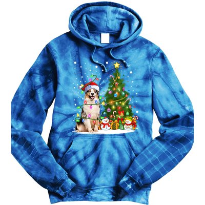 Xmas Tree Lighting Santa Australian Shepherd Dog Christmas Cool Gift Tie Dye Hoodie