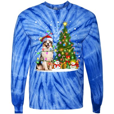 Xmas Tree Lighting Santa Australian Shepherd Dog Christmas Cool Gift Tie-Dye Long Sleeve Shirt