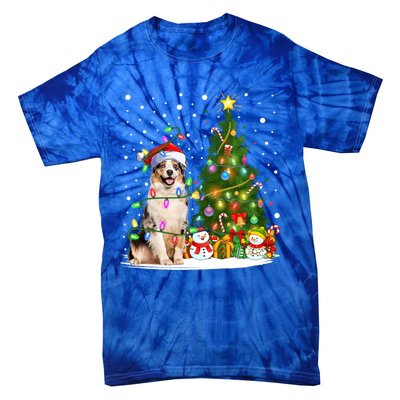 Xmas Tree Lighting Santa Australian Shepherd Dog Christmas Cool Gift Tie-Dye T-Shirt