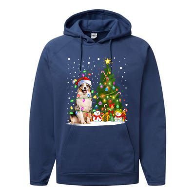 Xmas Tree Lighting Santa Australian Shepherd Dog Christmas Cool Gift Performance Fleece Hoodie