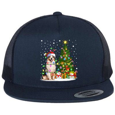 Xmas Tree Lighting Santa Australian Shepherd Dog Christmas Cool Gift Flat Bill Trucker Hat