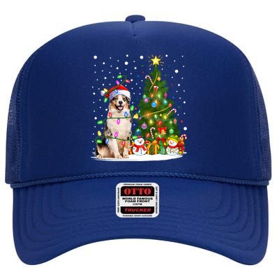 Xmas Tree Lighting Santa Australian Shepherd Dog Christmas Cool Gift High Crown Mesh Back Trucker Hat