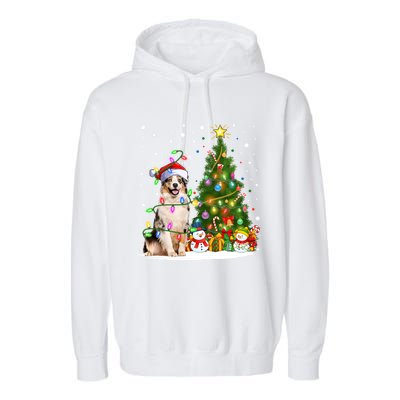 Xmas Tree Lighting Santa Australian Shepherd Dog Christmas Cool Gift Garment-Dyed Fleece Hoodie