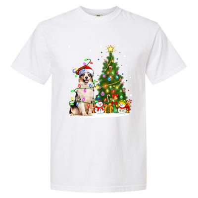 Xmas Tree Lighting Santa Australian Shepherd Dog Christmas Cool Gift Garment-Dyed Heavyweight T-Shirt