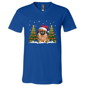 Xmas Tree Lights Pekingese Dog Santa Hat Christmas Meaningful Gift V-Neck T-Shirt