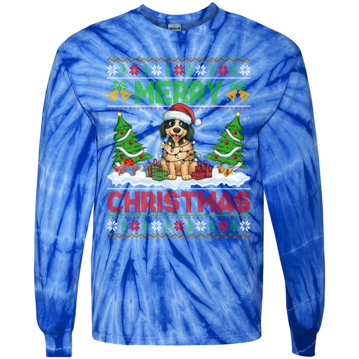 Xmas Tree Lighting Ugly Santa Hat Pudelpointer Dog Christmas Tie-Dye Long Sleeve Shirt