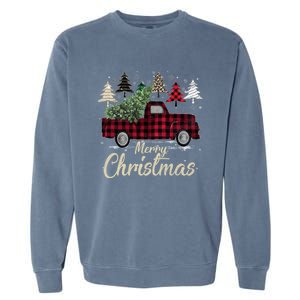 Xmas Trees Red Truck Buffalo Plaid Gift Garment-Dyed Sweatshirt