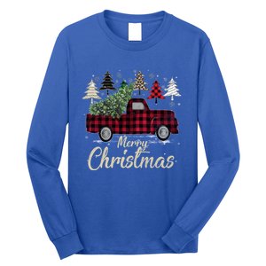 Xmas Trees Red Truck Buffalo Plaid Gift Long Sleeve Shirt