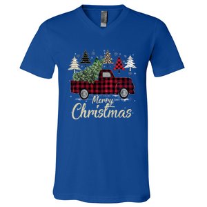 Xmas Trees Red Truck Buffalo Plaid Gift V-Neck T-Shirt