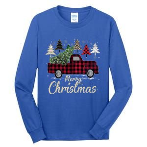 Xmas Trees Red Truck Buffalo Plaid Gift Tall Long Sleeve T-Shirt