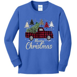 Xmas Trees Red Truck Buffalo Plaid Gift Kids Long Sleeve Shirt