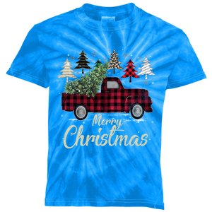 Xmas Trees Red Truck Buffalo Plaid Gift Kids Tie-Dye T-Shirt