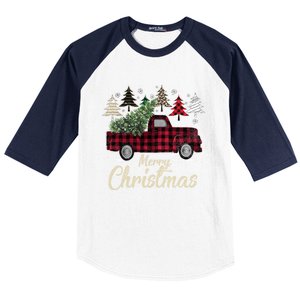 Xmas Trees Red Truck Buffalo Plaid Gift Baseball Sleeve Shirt